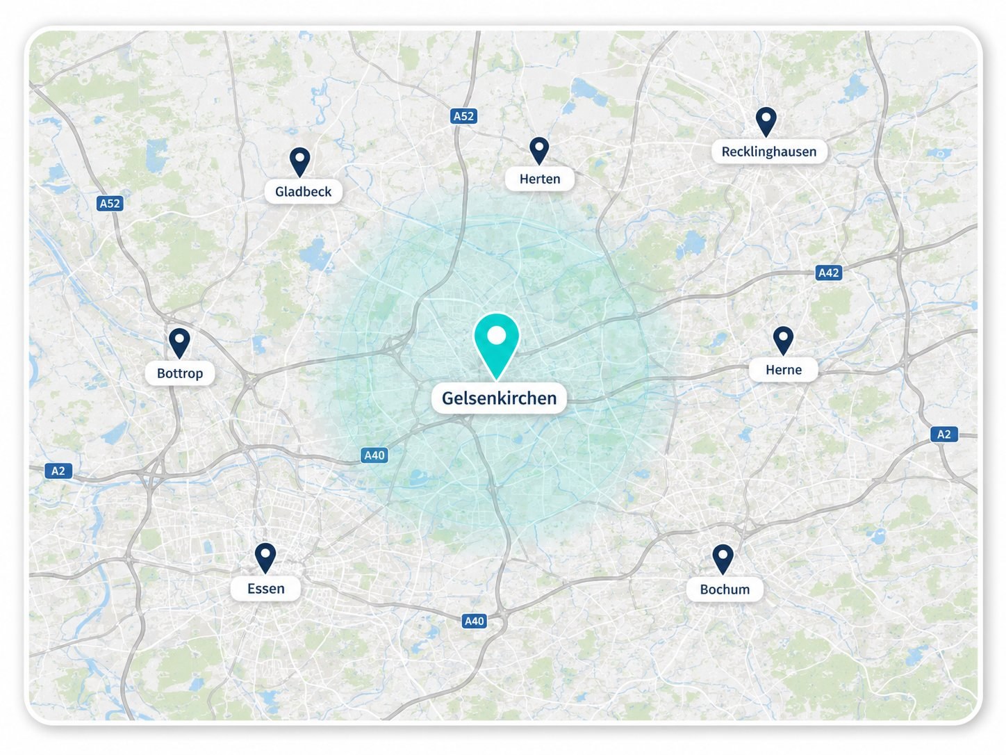 Karte des Ruhrgebiets mit Gelsenkirchen als Hauptstandort sowie Essen, Bochum, Herne, Bottrop, Gladbeck, Herten und Recklinghausen